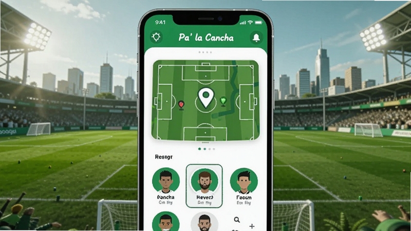 ����������һ�������ֻ�����Ļ����ʾ Pa�� la Cancha Ӧ�õ������棬�����������򳡵�ͼ��Ǻ���Աͷ���б���������һƬ�������򳡣�Զ���г�������ߣ��������������У�ɫ������ɫ�Ͱ�ɫΪ�������� Boogu ģ�����ɡ�