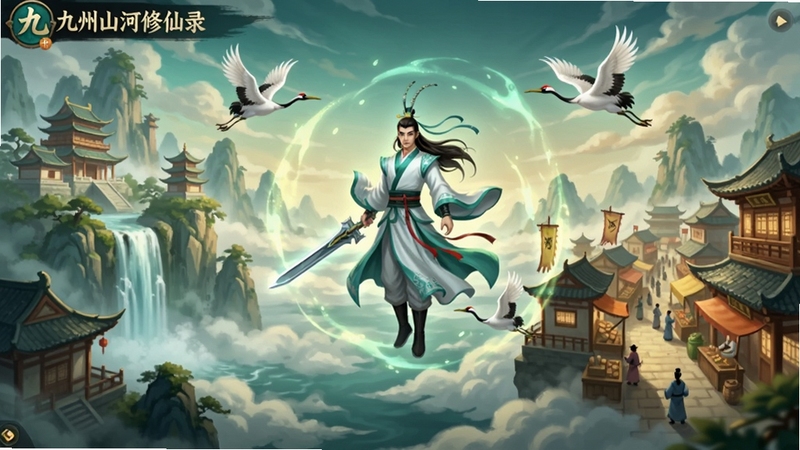 九州山河修仙录 游戏主界面全景预览图,画面中央展示一位身穿青白色道袍的修仙者御剑悬停于云海之上,背景左侧为层叠的仙山楼阁与瀑布,右侧为繁华的古代坊市街道,天空中有仙鹤飞过与灵气光晕流转,整体色调以青绿与暖金为主,国风仙侠风格,细节丰富,适配Boogu模型生成