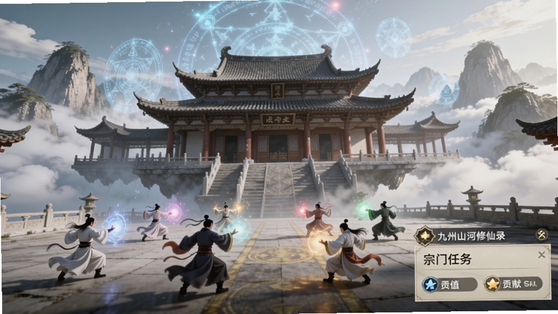 九州山河修仙录 宗门场景预览图,画面主体为一座悬浮于云端的古典宗门大殿,殿前广场上有数位身着不同颜色道袍的修仙者正在切磋法术,背景有护山大阵的光幕与连绵山峰,画面右下角显示宗门任务面板与贡献值图标,国风仙侠,光影柔和,适配Boogu模型生成