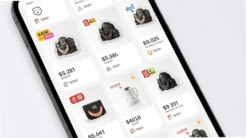 比个件应用内多平台商品聚合界面,手机屏幕显示多个商品卡片排列,每张卡片有价格标签与平台图标,背景为柔和白色与浅灰色,画面干净整洁,突出信息聚合功能,适合作为软件功能展示图。