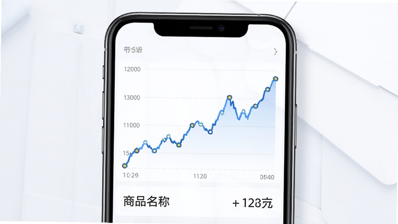 比个件价格波动记录功能界面,手机屏幕展示一条价格走势折线图,下方有商品名称与当前价格,背景为浅色商务风格,图表线条清晰,整体视觉专业简洁,适合软件功能介绍配图。