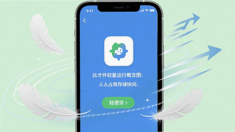 比个件轻量运行概念图,手机屏幕显示应用占用存储空间很小的提示界面,周围有羽毛与速度线条装饰,背景为淡绿色,突出轻便快速的特点,适合软件下载页面配图。