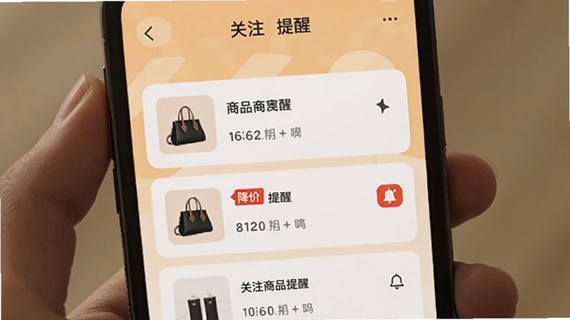 比个件关注列表与降价提醒界面,手机屏幕显示关注商品列表,其中一条带有红色降价标签与铃铛图标,背景为浅橙色与白色搭配,画面温馨实用,适合软件功能展示。