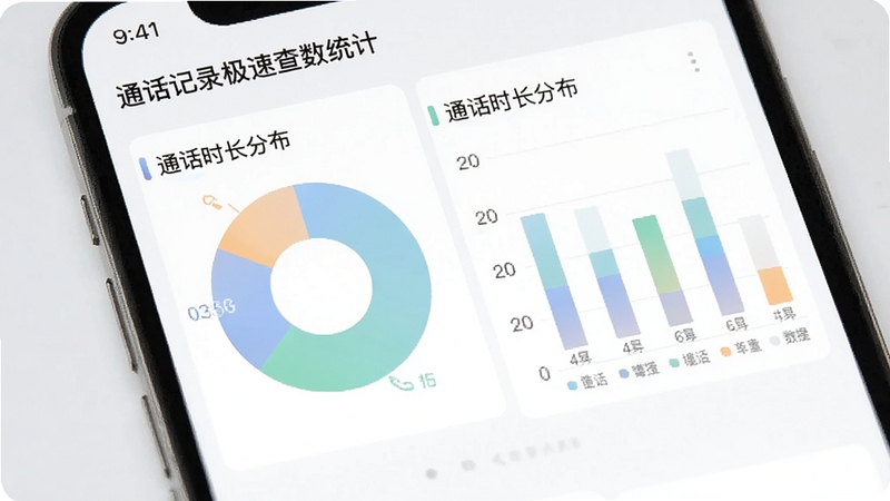 通话记录极速查的数据统计页面,手机屏幕上展示饼状图和柱状图,显示通话时长分布,配色清新柔和,背景为浅灰色,突出数据可视化效果