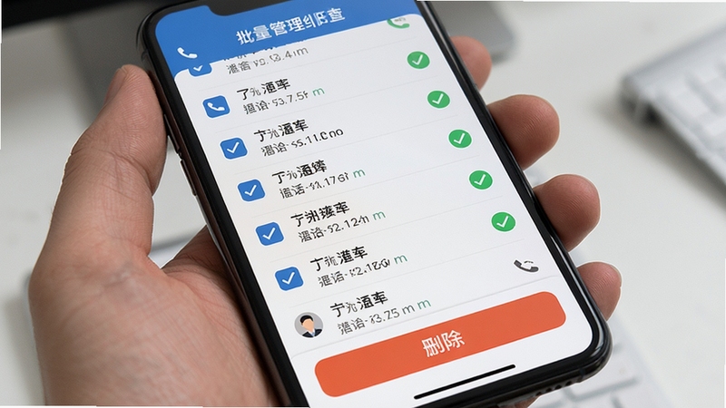 通话记录极速查的批量管理界面,手机屏幕展示多条通话记录被勾选,底部有删除按钮,背景为白色简洁风格,强调操作便捷性