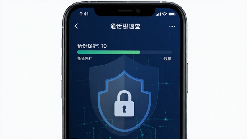 通话记录极速查的备份界面,手机屏幕显示备份进度条和加密锁图标,背景为深蓝色安全主题,突出数据保护概念