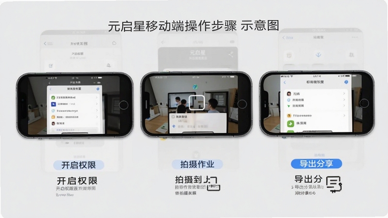 元启星移动端操作步骤示意图,画面展示三部手机并排,分别显示开启权限、拍摄作业、导出分享三个操作步骤,每部手机屏幕上有对应的界面截图示意,背景为浅灰色简约风格,手机横向排列位于画面中央