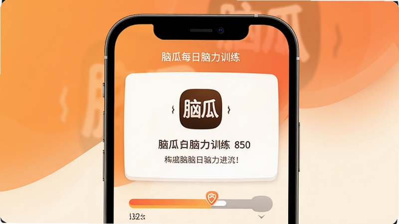 脑瓜每日脑力训练界面,画面主体为手机屏幕中显示的训练任务卡片与进度条,背景区域为温暖橙色与米白色渐变,卡片上带有脑瓜标志性小图标,坐标居中,细节清晰,适配Boogu模型生成