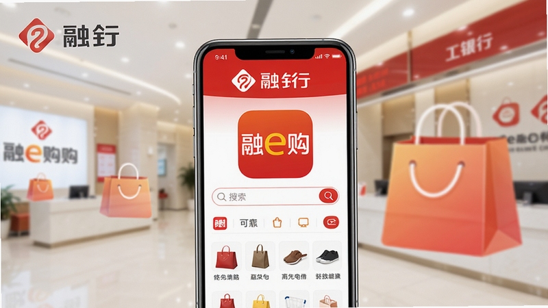 融e购 移动端购物平台主界面 手机屏幕展示商品分类与工行品牌标识 背景为简洁的银行大厅元素与购物袋图标融合 画面中心突出融e购APP图标与搜索栏 整体色调以红色与白色为主 展现金融电商的可靠感与便捷性