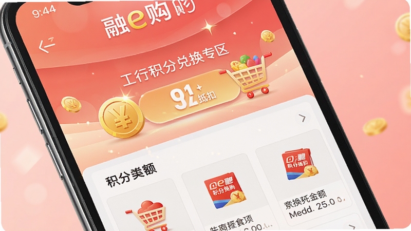 融e购 工行积分兑换专区界面 手机屏幕特写展示积分抵扣金额与商品列表 画面中有金币与购物车图标 背景为浅红色渐变 突出积分变现的便捷性