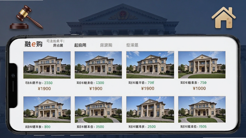 融e购 司法拍卖平台房源列表页面 手机屏幕展示多套房产缩略图与起拍价格 画面角落有法槌与房屋图标 背景为法院建筑剪影 整体风格严肃专业