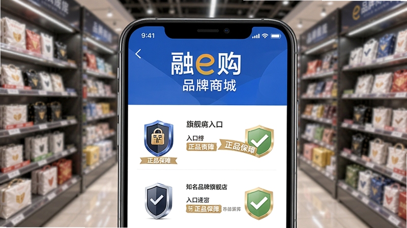 融e购 品牌商城商品列表 手机屏幕展示知名品牌旗舰店入口与正品保障标签 画面中有盾牌与勾选图标 背景为商场货架虚化效果 突出品质可靠感
