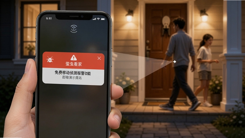 萤虫看家免费移动侦测报警功能演示图,画面中手机屏幕弹出报警通知,背景是家庭门口有人员走动,突出智能侦测与即时提醒效果