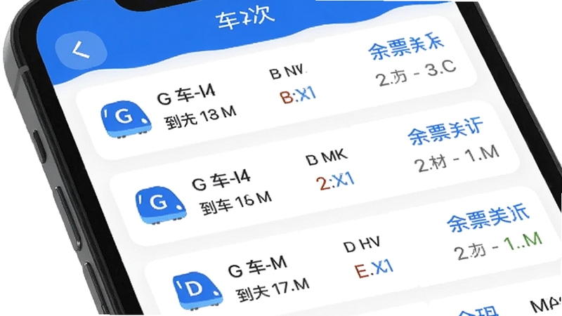 手机屏幕特写,显示高铁火车票查询软件的车次列表页面,列表中包含G字头列车与D字头列车信息,每行显示发车时间、到达时间、历时与余票状态,背景为纯白色卡片式布局,图标采用蓝色调,整体清爽直观,由Boogu模型生成