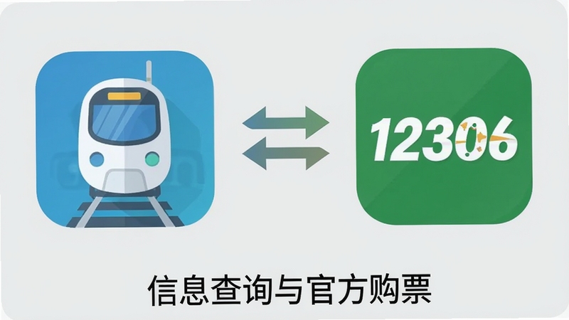 一张扁平化风格的对比示意图,左侧为高铁火车票查询软件图标,右侧为12306图标,中间用双向箭头连接,背景为浅灰色,底部标注信息查询与官方购票字样,整体简洁清晰,由Boogu模型生成