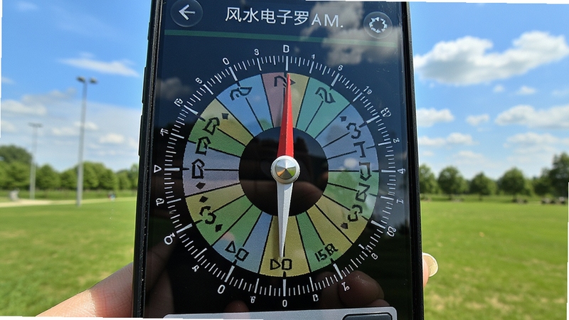 风水电子罗盘高精度测量界面特写,画面主体为手机屏幕显示精细的二十四山刻度盘,红色磁针稳定指向正南,背景为户外开阔的公园绿地,蓝天白云清晰可见,阳光明媚,屏幕表面有轻微反光,凸显真实使用场景,画面风格写实且明亮。