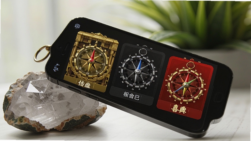 风水电子罗盘个性化皮肤选择界面,画面主体为手机屏幕展示三款不同风格的罗盘皮肤预览图,分别是金色古典、深色极简和红色喜庆风格,手机斜放在一块天然水晶原石旁,背景为模糊的绿植,光线为自然散射光,画面清新自然。