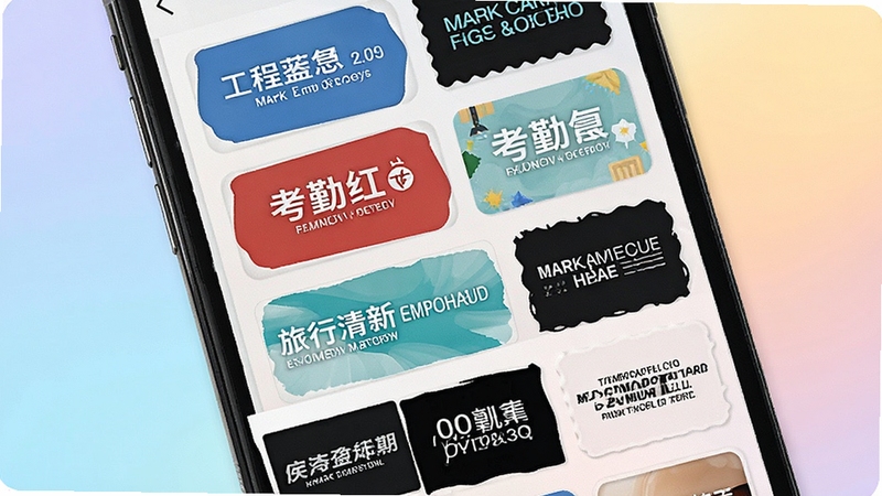 Mark Camera水印模板选择界面,画面展示手机屏幕内排列整齐的多种水印样式缩略图,包括工程蓝、考勤红、旅行清新等不同风格,背景为柔和的渐变色彩,突出模板丰富多样与操作直观的特点