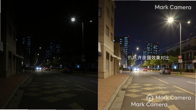 Mark Camera夜间拍摄效果对比图,画面左侧为普通相机拍摄的昏暗街景,右侧为Mark Camera拍摄的同一场景,画面明亮且水印文字清晰可见,背景为城市夜景与路灯,突出智能优化带来的画质提升