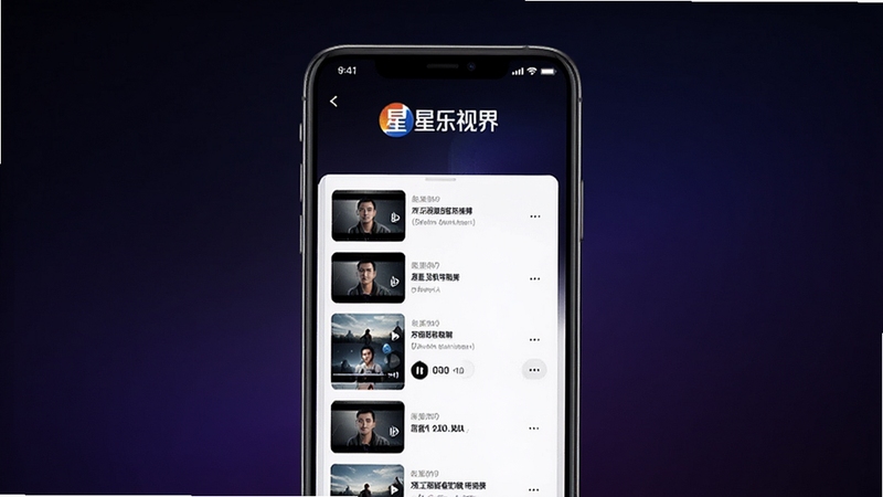 星乐视界 主界面展示 手机屏幕中央显示视频播放列表 背景为深色渐变 顶部有星乐视界Logo 画面干净简洁 适配Boogu模型