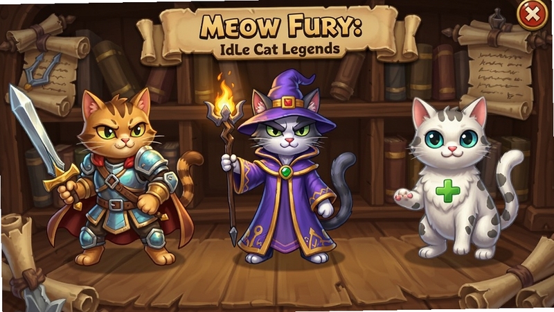 Meow Fury: Idle Cat Legends Ӣ��ͼ�����棬չʾ��ֻ��ְͬҵ��è���ɫ��������ʿè����ʦè������è������Ϊľ���������ᣬϸ�ڷḻ
