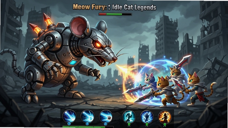 Meow Fury: Idle Cat Legends ����ս�������޴��е��������è��Ӣ�۶�����ţ������·��м�����ȴͼ�꣬ս����Ч����������Ϊ�������