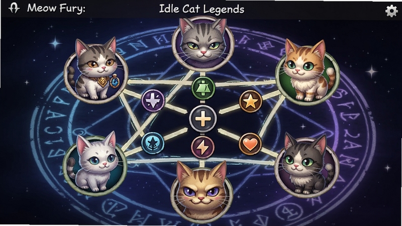 Meow Fury: Idle Cat Legends ���ݴ�����棬��ֻè��Χ��ԲȦ���м�������������Լӳ�ͼ�꣬����Ϊ�ǿշ��󣬽�����ֱ��