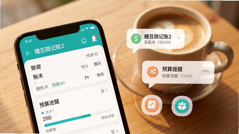 糖豆微记账2 多账本切换与预算提醒功能展示图,画面主体为手机屏幕特写,屏幕内显示糖豆微记账2的账本列表与预算进度条,背景区域为木质桌面与一杯咖啡,画面右侧漂浮着提醒气泡与分类图标,整体色调温暖柔和,突出多账本管理与预算提醒的实用场景