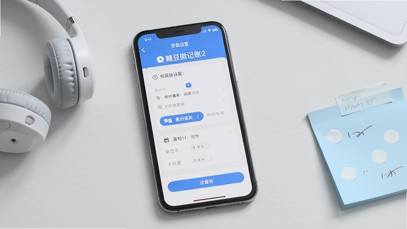 糖豆微记账2 安装设置与权限管理操作示意图,画面展示一部手机屏幕,屏幕内呈现糖豆微记账2的权限设置页面与备份选项,背景为简洁的浅灰色桌面,旁边放置一副耳机与便签纸,整体风格干净利落,突出安装与设置的操作引导