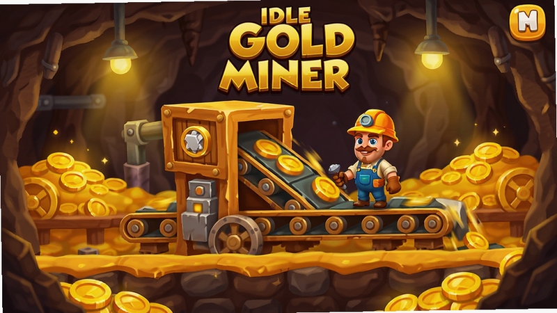 Idle Gold Miner 放置淘金者游戏主界面,画面中央是正在运转的金矿传送带与矿工角色,背景为地下矿洞场景,暖黄色灯光照亮金币堆,整体风格卡通明亮,细节丰富,适合作为下载站预览图