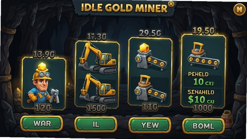 Idle Gold Miner 游戏内矿工与设备升级界面,展示不同等级的矿工角色和挖掘机、传送带等设备图标,界面布局清晰,按钮带有金色边框,背景为深色矿洞,突出升级带来的数值变化