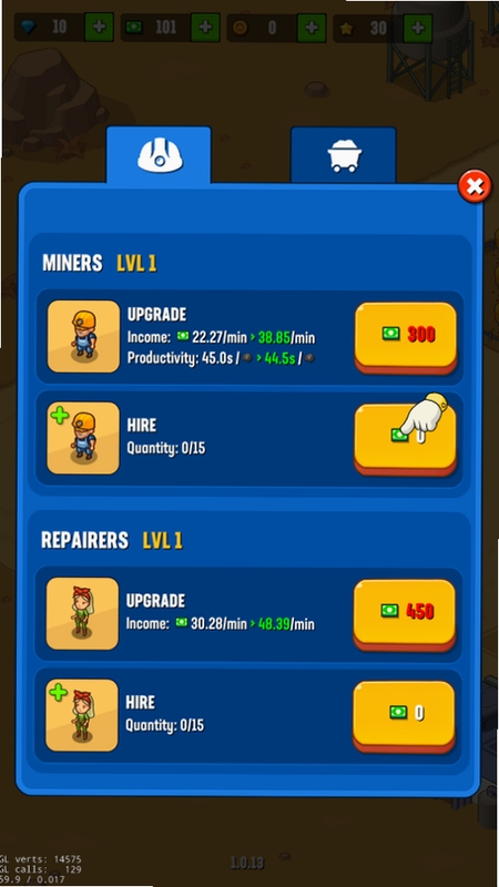 Idle Gold Miner 矿工升级界面