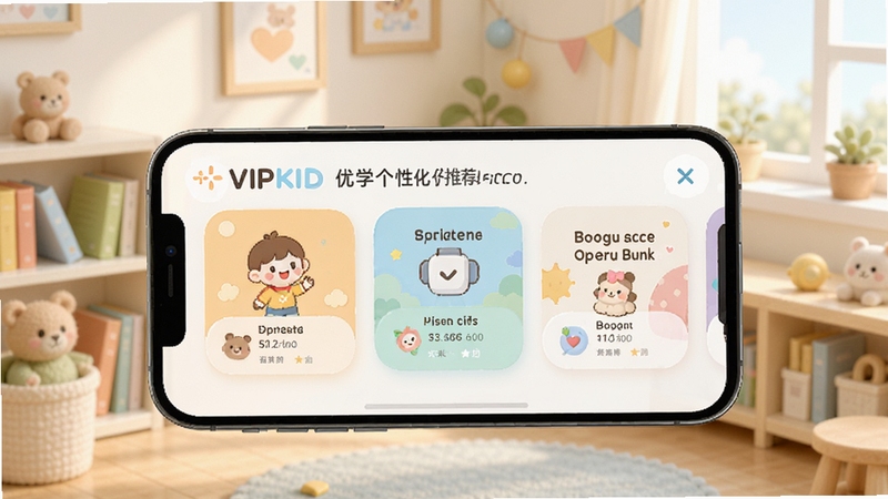 VIPKID��ѧ���Ի��Ƽ�ҳ�棬�ֻ���Ļ��ʾ�Ƽ���ѧϰ����Ƭ��ɫ����ͣ�����Ϊ������ѧϰ�ǣ��ʺ�Booguģ������