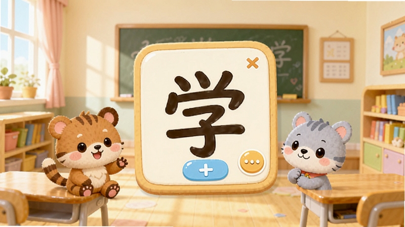 宝宝学汉字软件主界面全貌展示,画面中央是卡通风格的汉字学习卡片和可爱的动物角色,背景区域为明亮温馨的教室场景,色彩柔和,适合儿童审美,整体构图突出宝宝学汉字的核心学习功能与趣味互动氛围