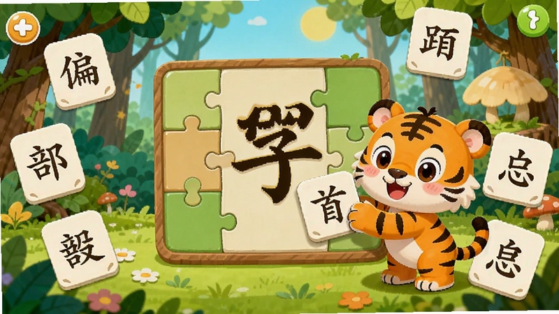 宝宝学汉字互动游戏界面,画面中央是汉字拼图游戏区域,四周散落着偏旁部首卡片,一个卡通小老虎角色正在拖动卡片进行拼字,背景为森林主题的彩色场景,体现宝宝学汉字寓教于乐的游戏化学习方式