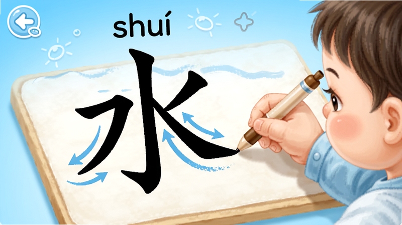 宝宝学汉字拼音笔顺学习界面,画面展示一个放大的汉字“水”字,上方标注拼音shuǐ,下方有动态笔顺箭头指引书写方向,旁边有小朋友拿着笔跟着书写,背景为清新的蓝色渐变,突出宝宝学汉字规范书写教学功能