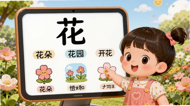 宝宝学汉字组词造句拓展学习场景,画面中央显示汉字“花”及其组词“花朵”“花园”“开花”,下方配有对应的卡通插图和简单例句,一个卡通小女孩正在指着屏幕朗读,背景为花园场景,体现宝宝学汉字语言拓展教学功能