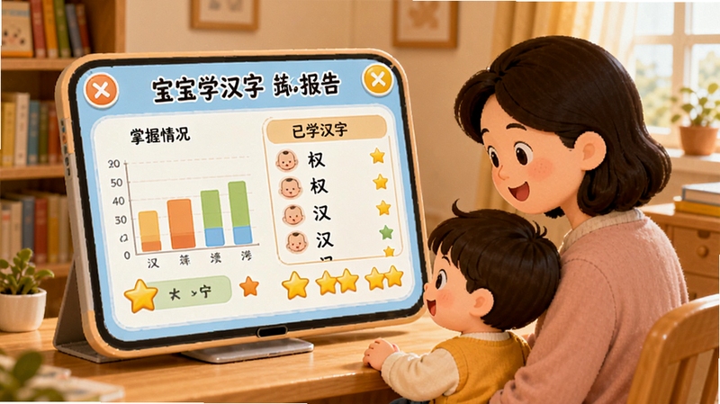 宝宝学汉字学习进度记录界面,画面展示一个卡通风格的学习报告面板,上面有汉字的掌握情况图表、已学汉字列表和星星奖励标记,一位家长和孩子一起查看学习成果,背景为温馨的书房环境,体现宝宝学汉字学习管理功能