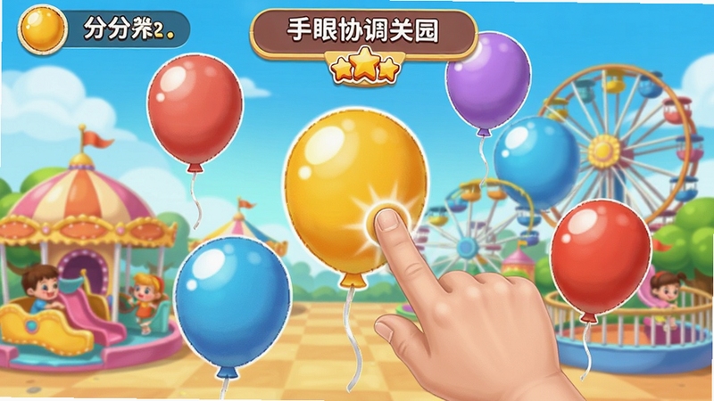 弱视游乐园 手眼协调关卡 屏幕上漂浮着多个彩色气球 手指正点击其中一个 画面带有分数与连击提示 背景是卡通游乐园场景 整体风格活泼有趣