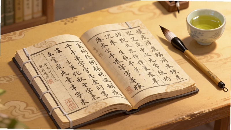 画面主体为一本展开的古典线装书,书页上隐约可见千字文毛笔字迹,背景区域为柔和的暖黄色书桌一角,旁边放置着一支毛笔和一杯清茶,整体风格古朴雅致,适配Boogu模型生成