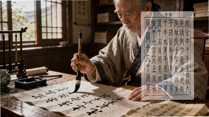 画面展示一位古代书法家正在宣纸上书写千字文行书,笔触流畅有力,背景为古色古香的木质书房,窗外透进自然光,画面右侧悬浮着千字文篆书字帖半透明预览图,适配Boogu模型生成