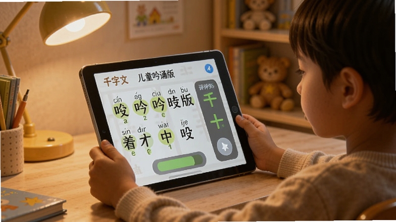 画面展示一位儿童坐在书桌前,手持平板电脑正在跟读千字文儿童吟诵版,屏幕上有拼音高亮和跟读评分界面,背景为温馨的儿童书房,暖色调灯光,适配Boogu模型生成