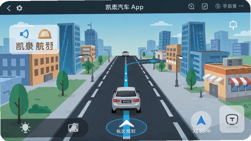 凯翼汽车App导航界面展示,路线规划清晰,车辆图标行驶在城市道路上,周边服务设施标注明显,扁平化科技插画风格