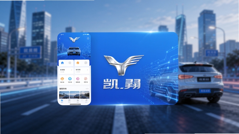 凯翼汽车App官方界面全貌展示,画面中央是凯翼汽车品牌Logo与App主界面悬浮展示,背景为城市道路与凯翼汽车轮廓虚化场景,蓝白科技色调,超清渲染风格
