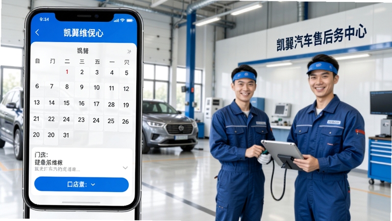 凯翼汽车App预约维保界面,日历与门店选择清晰可见,背景为凯翼汽车售后服务中心明亮车间,工作人员专业微笑服务,写实摄影风格