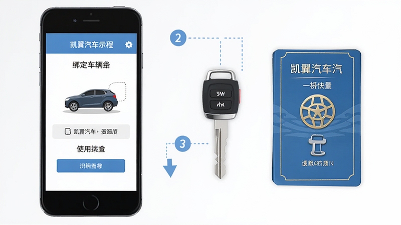 凯翼汽车App使用教程示意图,手机屏幕展示绑定车辆步骤,旁边有凯翼汽车钥匙与行驶证,简洁明了的步骤标注,扁平化设计风格