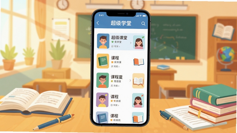 超级学堂 软件主界面功能全貌展示 手机屏幕中央显示课程列表 背景为明亮教室环境 书本与文具围绕 色彩温暖 扁平化插画风格