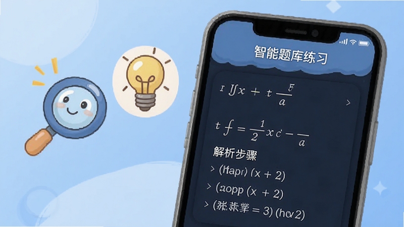 超级学堂 智能题库练习界面 手机屏幕显示数学题与解析步骤 旁边有放大镜和灯泡图标 象征智慧与探索 背景为柔和蓝色渐变 卡通风格