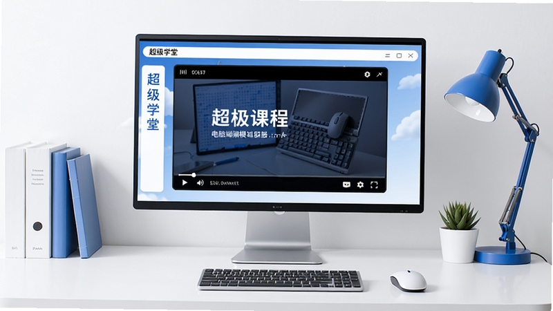 超级学堂 电脑端模拟器运行界面 大屏幕显示课程播放窗口 旁边有鼠标与键盘 背景为整洁书桌 现代简约风格 蓝白配色