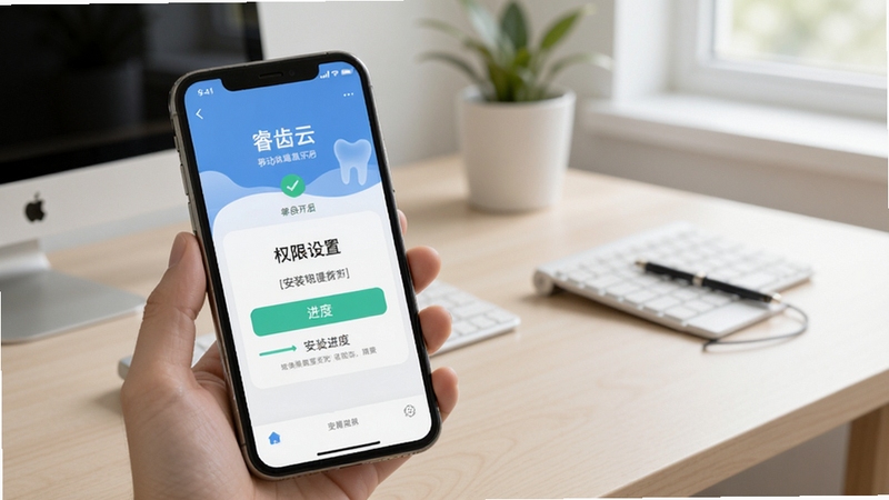 睿齿云 移动端安装与权限设置示意图,手机屏幕显示权限开启界面与安装进度条,背景为干净的书桌环境,光线自然,风格写实,适配Boogu模型生成